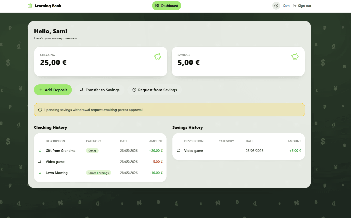 Child dashboard screenshot