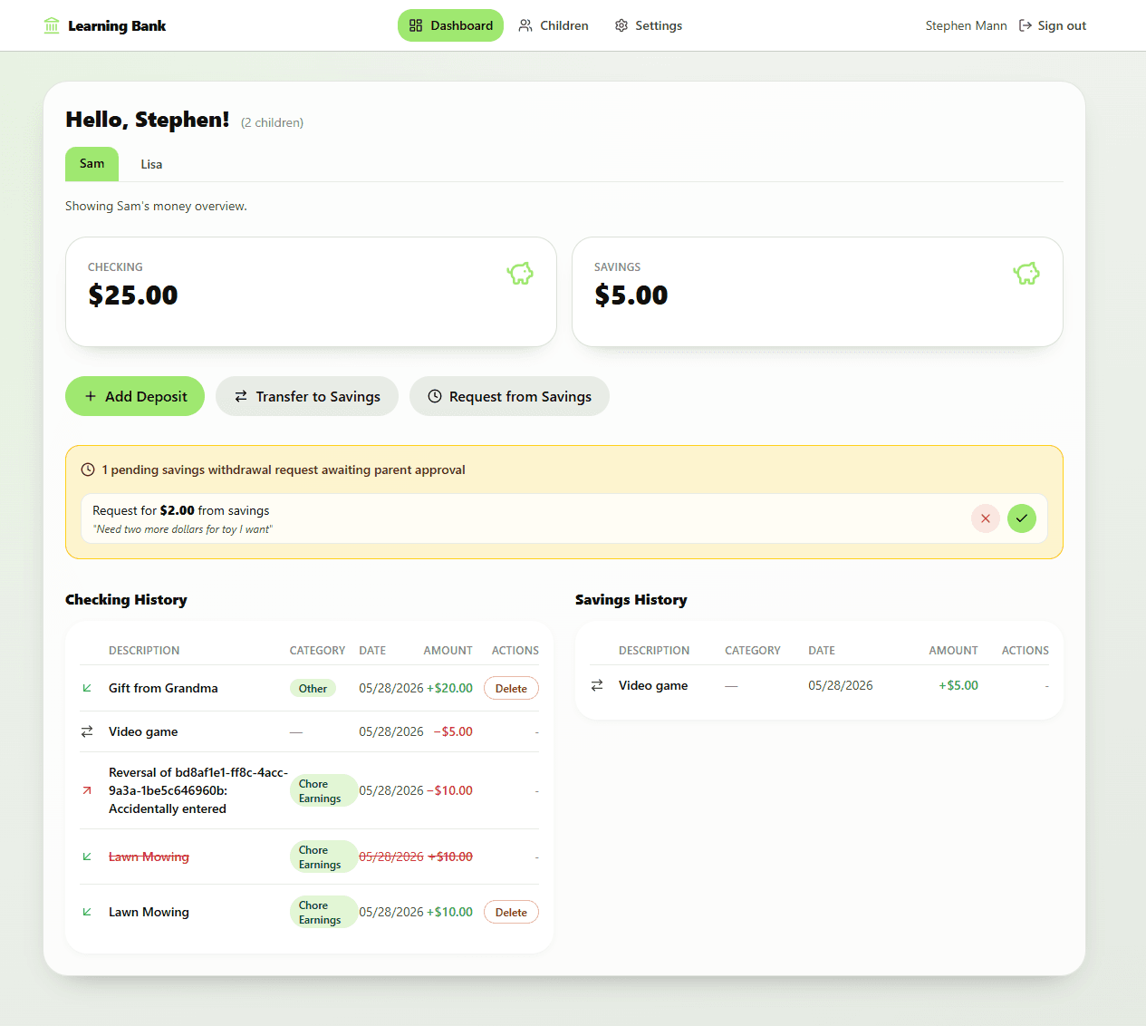 Parent dashboard screenshot